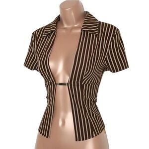 New Medium Brown Pin stripe Short Sleeve Open Front Crop Top Metal Clasp Closure